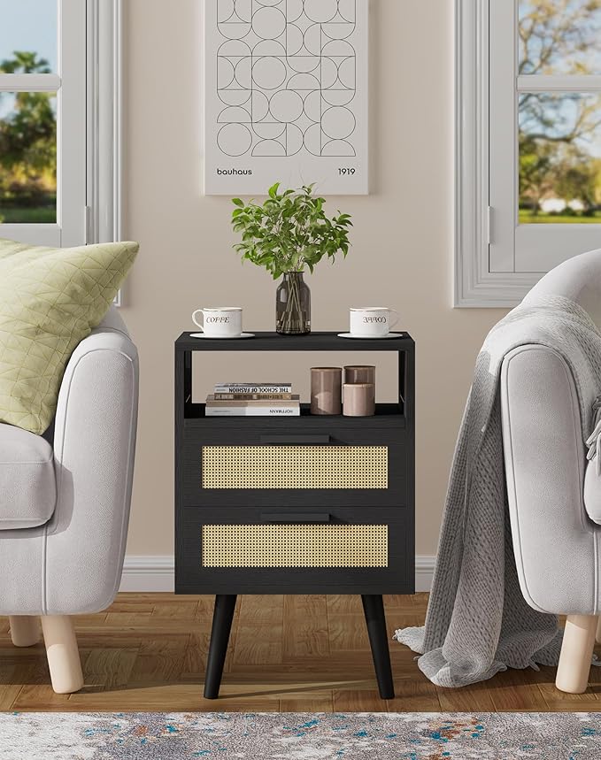 YMYNY Nightstand with 2 Drawers, Boho Side Table, Handmade Rattan Decorated, Open Shelf Unit with Arched Design, Solid Wood Legs, Storage Cabinet for Bedroom, Black UHST015B