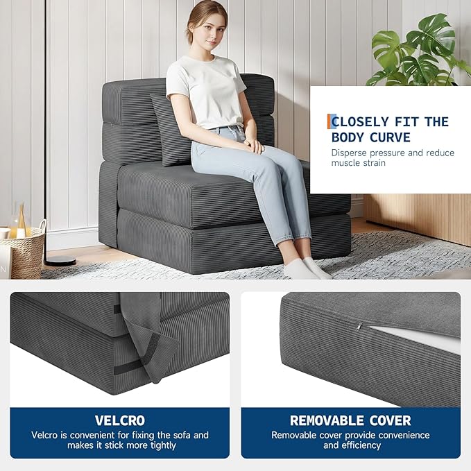 Garvee 2 Pcs Folding Sofa Bed Chair, Convertible Couches with Foldable Design, Comfortable Cloud Couch for Living Room, Multi-Functional Sectional As Comfy Couch & Bed