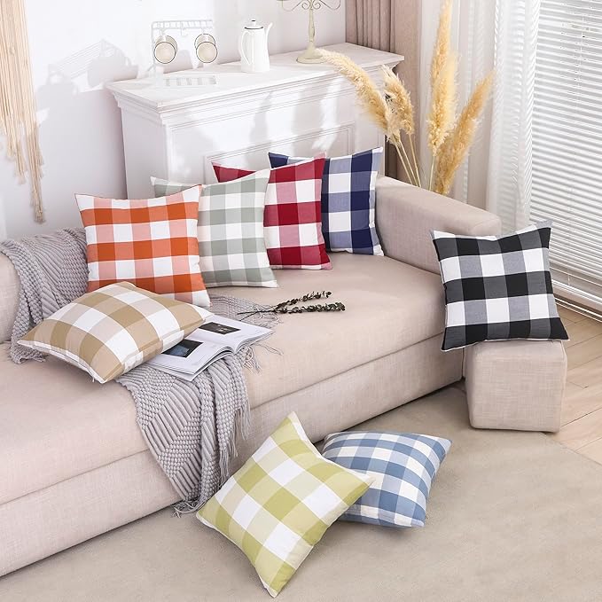 CARRIE HOME Brown Buffalo Check Plaid Couch Pillow Covers 18x18 Set of 2, Neutral Modern Farmhouse Dark Brown Khaki Tan Throw Pillows 18 x 18 for Living Room Sofa (No Pillow Inserts)