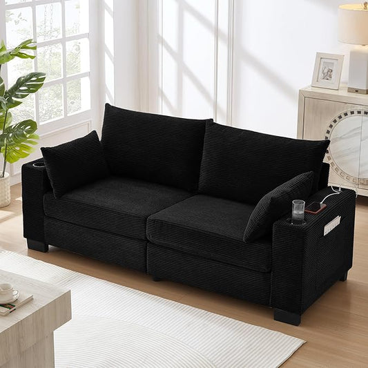 Eafurn 78" Corduroy Loveseat Sofa, Modern 2 Seater Couch with Dual Cup Holders & USB Charging Ports, Comfy Upholstered Small Sofa with Side Storage Pockets for Apartment, Living Room