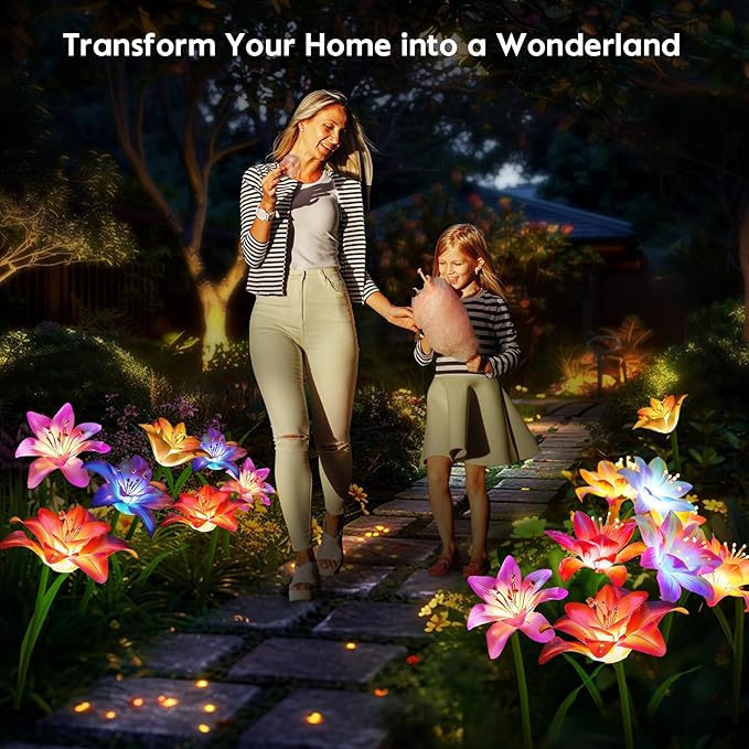 4 Pack Solar Flowers Lights Outdoor Waterproof with Lily, Yard Decorations Outdoor Garden Decor, Solar Garden Lights Outdoor Decor