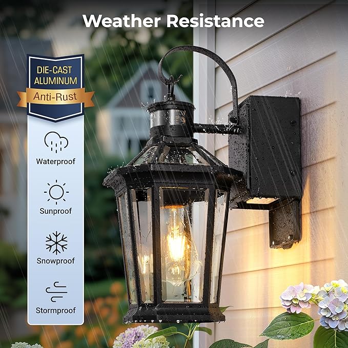 Gleamz Porch Lights Outdoor with GFCI Outlet, Black Motion Sensor Light Wall Mount, 100% Aluminum Anti-Rust Waterproof Outside Light Fixture for House Patio Garage, Adjustable Distance Time, 5 Modes