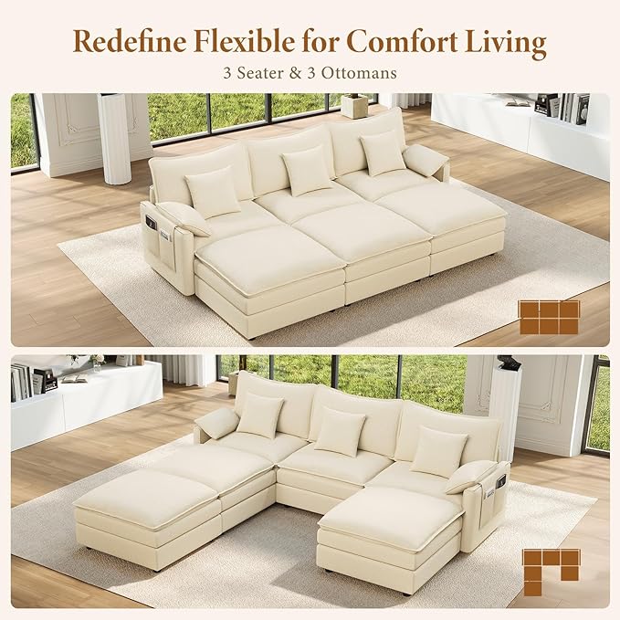 Vesgantti 108" Sectional Sleeper Sofa, 6-Seater Oversized Modular Cloud Couch with Movable Ottoman, Chenille Large Sofa Bed Convertible Deep Seat Couches for Living Room, Bedroom and Apartment, Beige | Sink-in Comfort, Height Adjustable, Easy Rearrange...