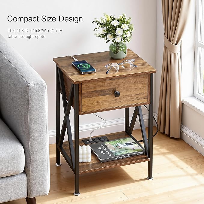 VECELO Nightstand, Bedside End Tables with Charging Station, USB Ports, Drawer Shelf, Night Stand for Bedroom Living Room 1-Pack, Brown