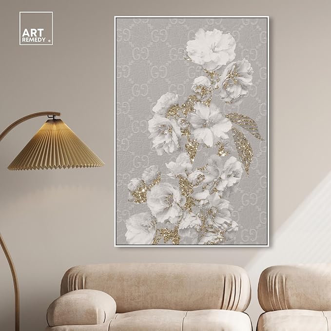 Art Remedy Floral in Classic Fashion Canvas Delicate Farmhouse Wall Art, White Frame, 36" x 54"