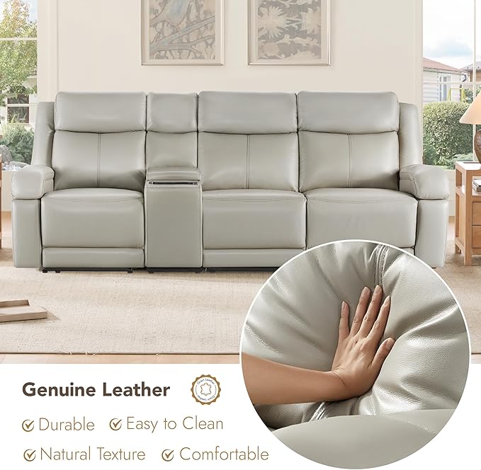Watson & Whitely Genuine Leather Power Recliner Sofa, 3 Seater Wall Hugger Reclining Sofas with Storage Console, Power Headrest, USB, Electric Recliner Couch Set for Living Room, Grey