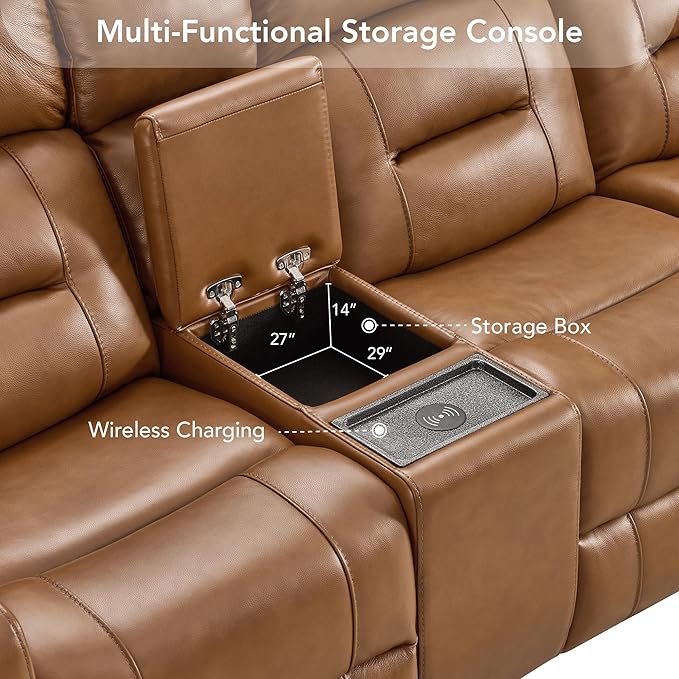 Watson & Whitely Genuine Leather Power Loveseat Recliner Sofa, Lay Flat Reclining Sofa with Console, Power Headrest, Cup Holders & Wireless Charging, Dual Recliner for Living Room, Saddle Brown