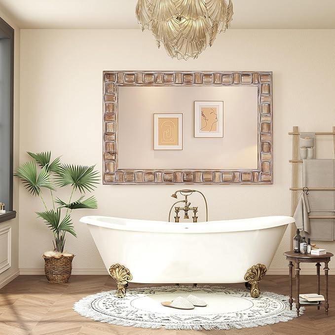 36x24 Inch Rustic Rectangle Wall Mirror - Solid Wood Frame Bathroom Vanity Mirror for Over Sink, Entryway, Living Room & Bedroom