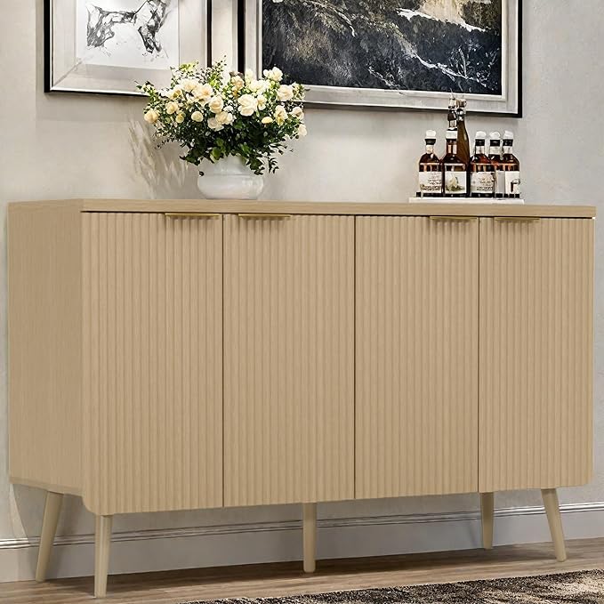 FONTOI Buffet Cabinet, Sideboard Fluted Cabinet Modern Kitchen Buffet Storage Cabinets with Doors and Shelves, Wood Farmhouse Coffee Bar Station for Entryway & Dining Room & Living Room, Natual Oak