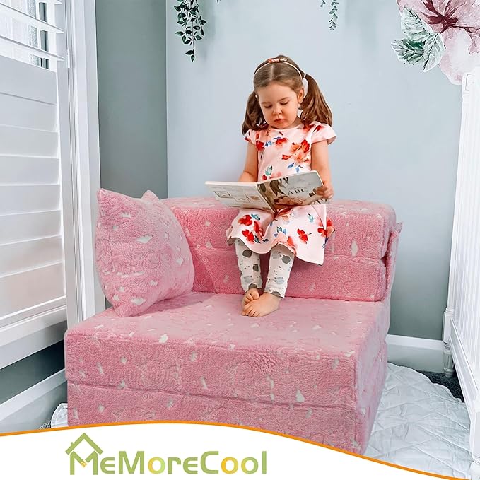 MeMoreCool Glow Pink Unicorn Tri-fold Sofa Bed for Kids, Foldable Futon Chair and Floor Couch, Convertible Trifold Mattress for Playroom