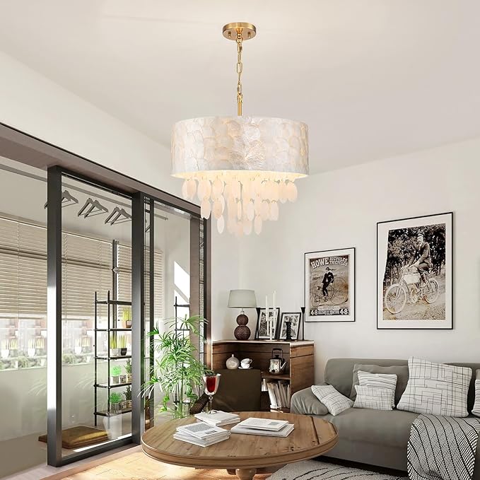 4-Light Drum Capiz Shell Chandeliers, Coastal Style Pendant Light Fixture for Dining Room, Living Room, D18 x 21~68"(Adjustable Height), Shell Lampshade & Gold Finish