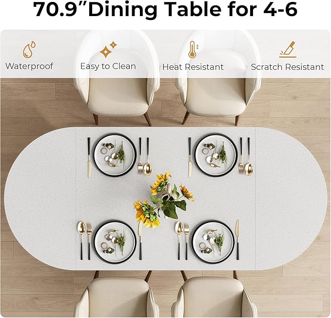 IRONCK 71" Fluted Oval Dining Table for 4-6, Modern Farmhouse Kitchen Table with Storage Shelves, Thickened Gray & White Quartz Top and Sturdy Base for Dining Room or Home Office, Black