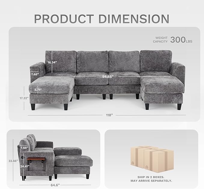 MALOL 118" Sectional U-Shaped Cloud Couch, Modular Modern 4-Seat Sofa, with USB Type C Ports, Foldable Side Table and 2 Ottomans, for Home Living Room, Grey