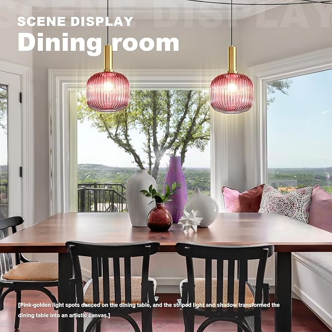 Pink Pendant Light Plug in Glass Chandelier Lighting Vintage Gold Hanging Lamp Plug in Light Fixtures Ceiling Hanging Lights with Long Cord for Living Room Dining Room Bedroom Kitchen Island
