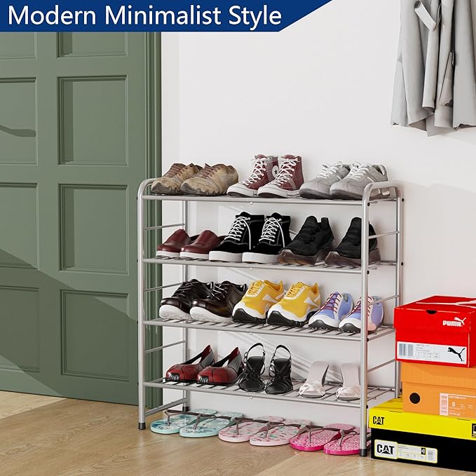 4-Tier Stackable Shoe Rack,Expandable & Adjustable Shoe Organizer Storage Shelf,High Capacity,Wire Grid,Silver