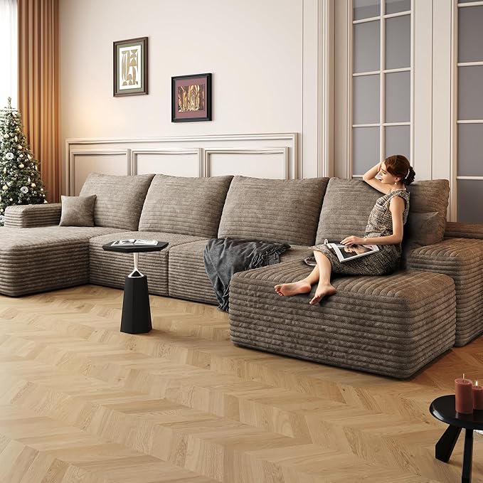 Eafurn Oversized Modular Sectional Sofa Couch with Movable Ottoman,Plush Corduroy Convertible U/L Shaped Boneless Couch with Left Facing Chaise,Deep Seat High-Density Foam Floor Sofa for Living Room