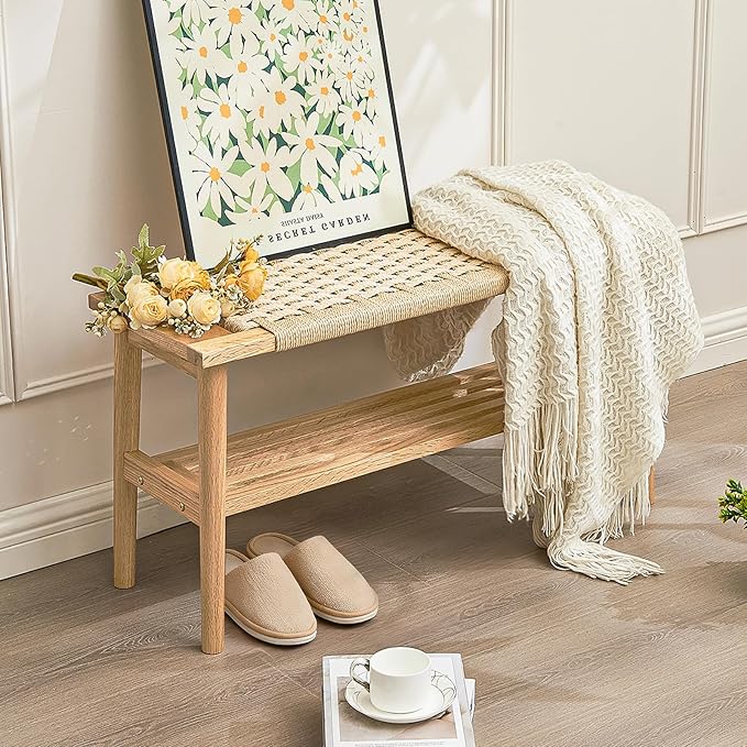 Solid Wood Narrow Bench with Storage, 33.46" Woven Bench for Entryway and Hallway, End of Bed Bench with Oak Frame, Boho Accent Bench (Natural White)