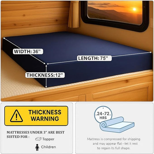Foamma 12” x 36” x 75” High Density Gel Memory Foam RV Bunk Mattress Foam Replacement Topper with Polyester Navy Blue Cover for Camper, Truck, Travel Trailer, Firm, Water Resistant, Made in USA
