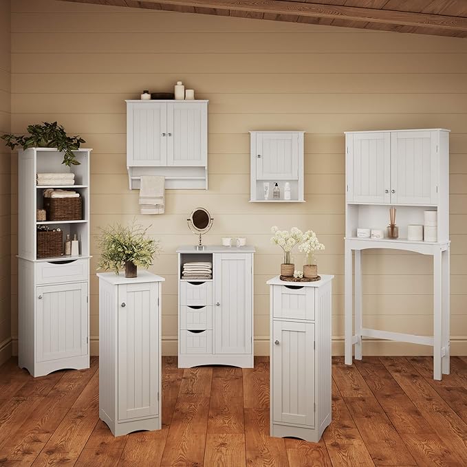 RiverRidge Ashland Bathroom Storage Cabinet with 3 Drawers, Adjustable Shelf & Beadboard Styling - White Bathroom organizer - Freestanding Storage Cabinet