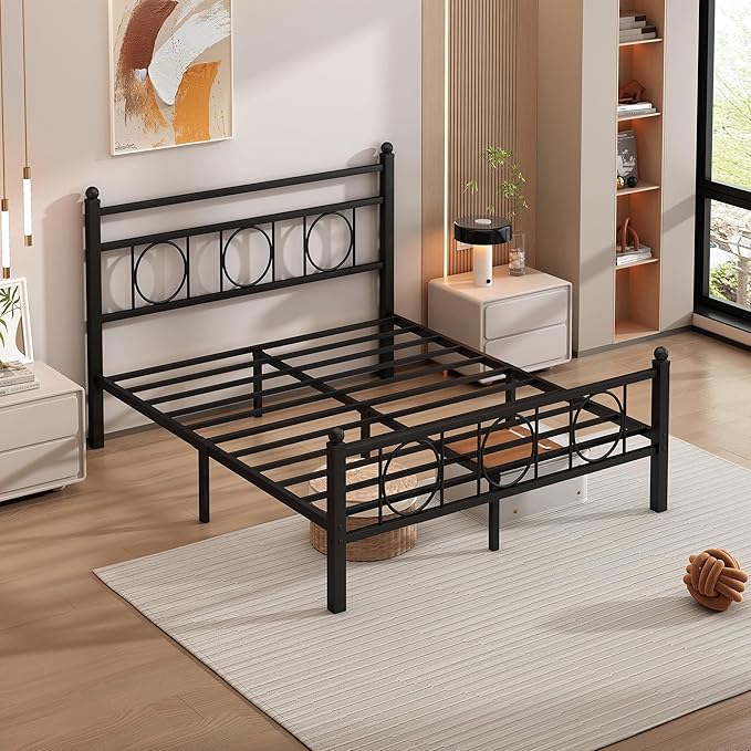 Full Size Bed Frame Classic Metal Platform Bed Frame Mattress Foundation with Victorian Style Iron-Art Headboard/Footboard/Storage Space/No Box Spring Needed/Black