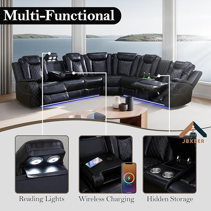 Power Recliner Sectional Sofa Set for Living Room, Leather Recliner Sofa Sets, L-Shaped Corner Sectional Couch Sets with LED Lights, Console Storage(Sectional and Chair,Black)