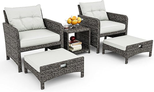 Pamapic Outdoor Furniture 5 Piece Patio Conversation Set, Wicker Rattan Patio Set with Soft Cushions & Coffee Table, Balcony Furniturefor with 2 Ottoman for Porch, Garden, Lawn (Grey)