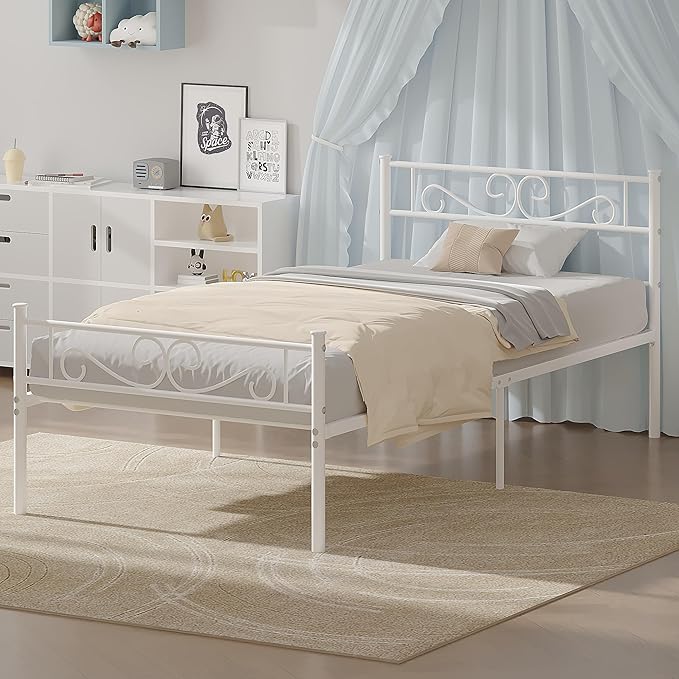 VECELO Twin Size Bed Frame with Headboard, 14 Inch Metal Platform Mattress Foundation, No Boxing Spring Needed, Squeak Resistant, Easy Assembly, Off White