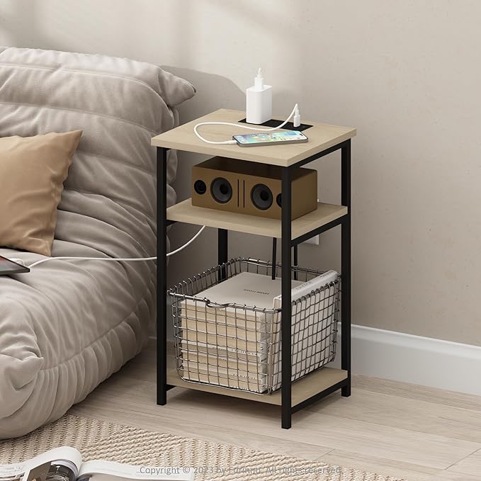 Furinno Moretti Side Table, 3-Tier Modern End Table with Charging Station, Metal Frame Night Stand, Bedside Table with USB and Type-C Charging Port, for Living Room, Bedroom, Bauhaus Oak