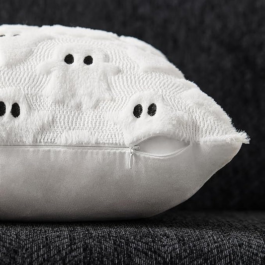 DFXSZ Halloween Pillow Covers 20x20 inch Set of 2 White Ghost Throw Pillow Cases Soft Plush Faux Fur Wool Couch Cushion Case for Chair Sofa Bedroom Living Room Home Decor PTK03A20