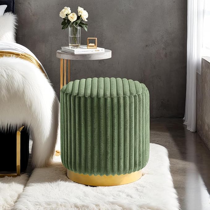 Furniture of America Vail Modern 17-inch Upholstered Ottoman with Channel Tufting and Gold Stainless Steel Base, Vanity Stool Chair, Small Foot Stool for Bedroom, Living Room, Entryway, Green