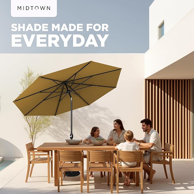 Midtown Umbrellas - 10-Year-No-Fade 9 Ft Patio Umbrella with Terylast Fabric, Auto-Tilt Aluminum Frame and 8 Reinforced Ribs for Deck, Pool, Garden & Beach - Sand Tan Canopy, Black Pole