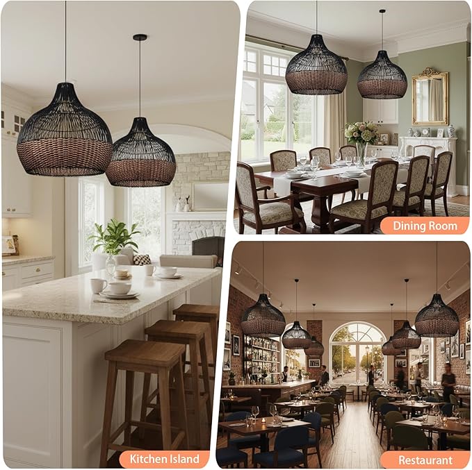 Arturesthome Rattan Pendant Lights, Wicker Chandelier Boho Basket Lighting Fixtures, Natural Woven Hanging Lamp for Kitchen Island Dining Room Black