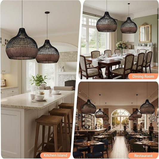 Arturesthome Rattan Pendant Lights, Wicker Chandelier Boho Basket Lighting Fixtures, Natural Woven Hanging Lamp for Kitchen Island Dining Room Black
