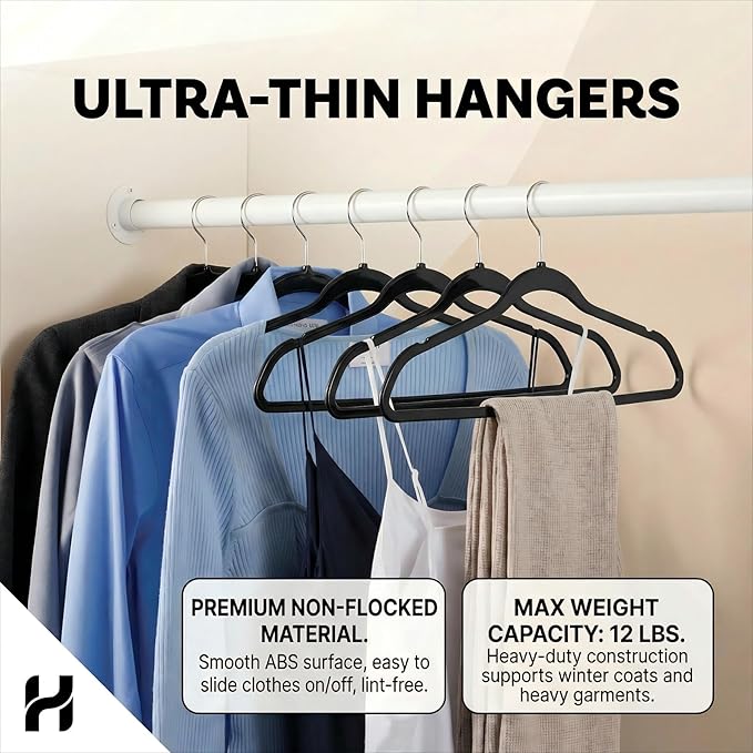 HOUSE DAY Black Plastic Hangers 60 Pack - Heavy Duty Non-Velvet Hangers with 360° Swivel Chrome Hook & Non Slip Notches - Slim Space Saving Clothes Hangers Ideal for Dresses Coats Shirts Jackets