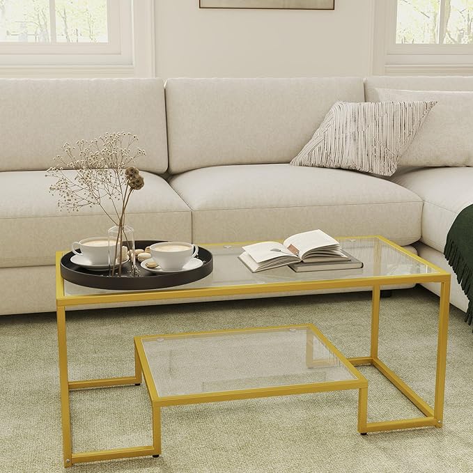 42" Rectangular Glass Coffee Table for Living Room, 2-Tier Center Tea Table with Metal Frame for Small Space, Apartment, Office (Gold)