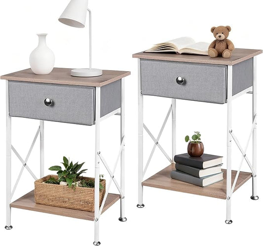 VECELO Night Stand Set of 2, Nightstand, Small End Table for Small Spaces, Wood Side Table for Living Room, Bedside Table with Drawer for Bedroom, Easy Assembly, Light Brown