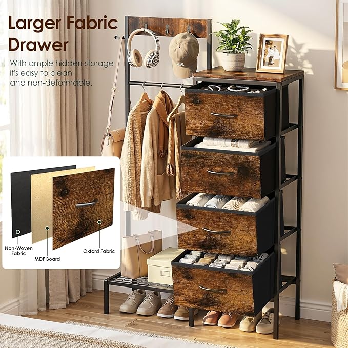 Lewondr Dresser with Hanging Rack and Storage Drawers, 4 Drawer Chest with Hooks and Hat Rack, Rustic Entryway Organizer for Clothes, Bags, Shoes and Accessories, Brown Wood Finish