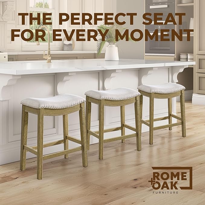 ROME + OAK Parker 26 Inch Counter Stool, Backless Saddle Kitchen Barstool in Natural Wood Finish with Wheat Cream Fabric Upholstery Cushion Seat