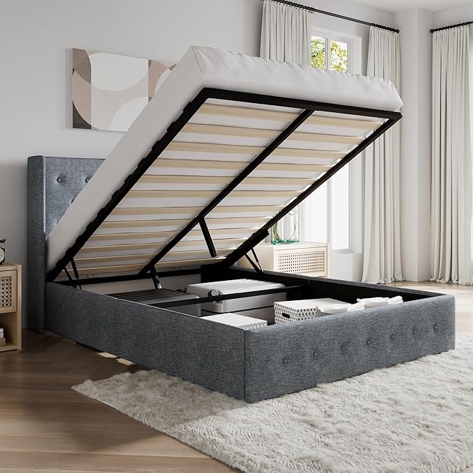 SHA CERLIN Full Size Lift Up Storage Bed Frame,Button Tufted Wingback Headboard,Upholstered Platform,Hydraulic Storage,Wooden Slat Support,No Box Spring,Grey Blue