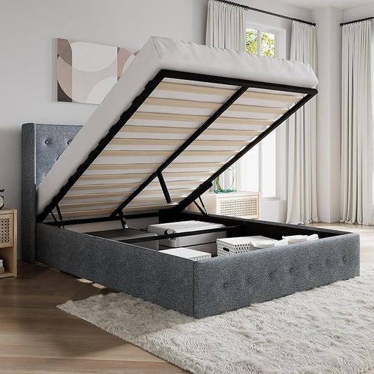 SHA CERLIN Full Size Lift Up Storage Bed Frame,Button Tufted Wingback Headboard,Upholstered Platform,Hydraulic Storage,Wooden Slat Support,No Box Spring,Grey Blue