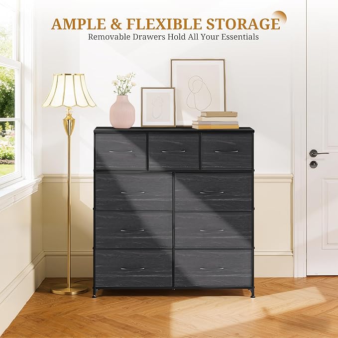 Dresser with 9 Drawers for Bedroom, Fabric Clothes Cabinet for Closet, Anti-Tip Storage Dresser with Metal Frame for Living Room, Entryway, Dorm, Charcoal Black