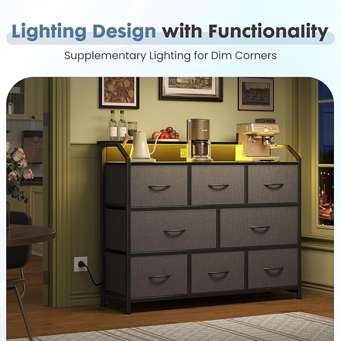 DUMOS TV Stand Dresser with 8 Fabric Drawers, 8-Drawer Chest of Drawers with APP Control LED Lights and Type-C Charging Station, Fabric Storage Tower TV Stand for Living Room, Gray