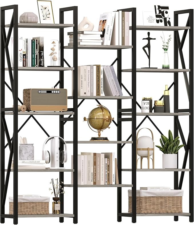 GAOMON GAOMONTriple Wide 5 Tier Book Shelf, Tall Bookshelf with Open Display Shelves, Industrial Large Bookshelves and Bookcases with Metal Frame for Living Room, Bedroom, Home Office-Grey