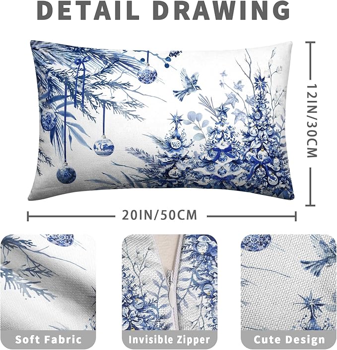Blue Christmas Lumbar Pillow Covers 12x20 Set of 2 Christmas Xmas Tree Bird Ball Decorative Outdoor Throw Pillow Cases Winter Farmhouse Rectangle Pillowcase for Home Couch Sofa