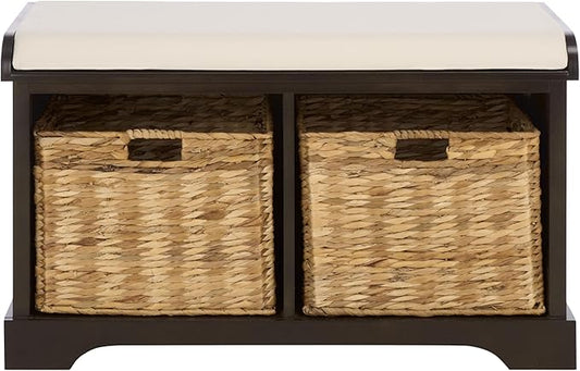 SAFAVIEH Home Collection – Freddy Dark Chocolate Storage Bench with Seat Cushion, 2 Basket Drawers, Coastal Farmhouse Entryway Design, Fully Assembled (AMH5736H)