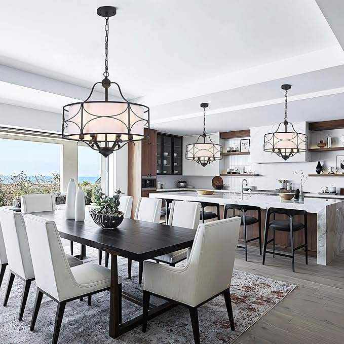 20" Large Black Drum Chandelier - 6 Lights Adjustable Height Modern Farmhouse Pendant Light Fixtures with White Fabric Shade for Kitchen Island Vintage Foyer Entryway Living Room Bedroom