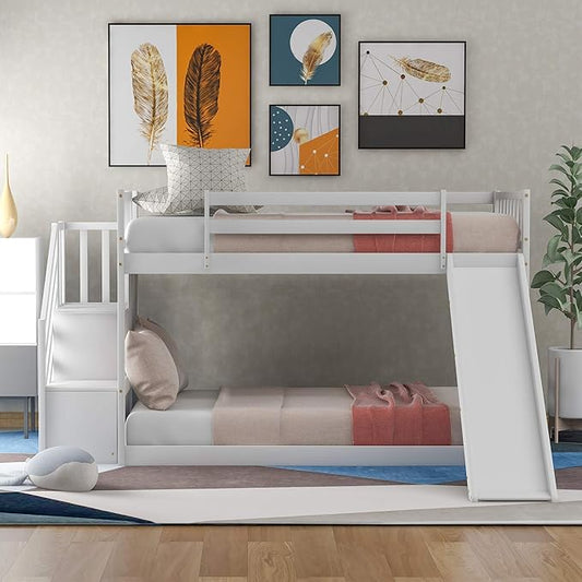 Twin Over Twin Low Bunk Bed with Slide and for Storage Staircase for Teens, Boys or Girls, No Box Sping Needed