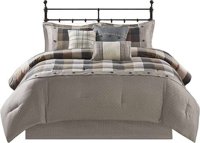 Madison Park Ridge Comforter Set-Cabin Lodge Plaid Herringbone Design All Season Down Alternative Cozy Bedding with Matching Bedskirt, Shams, Decorative Pillow, Queen(90"x90"), Neutral 7 Piece
