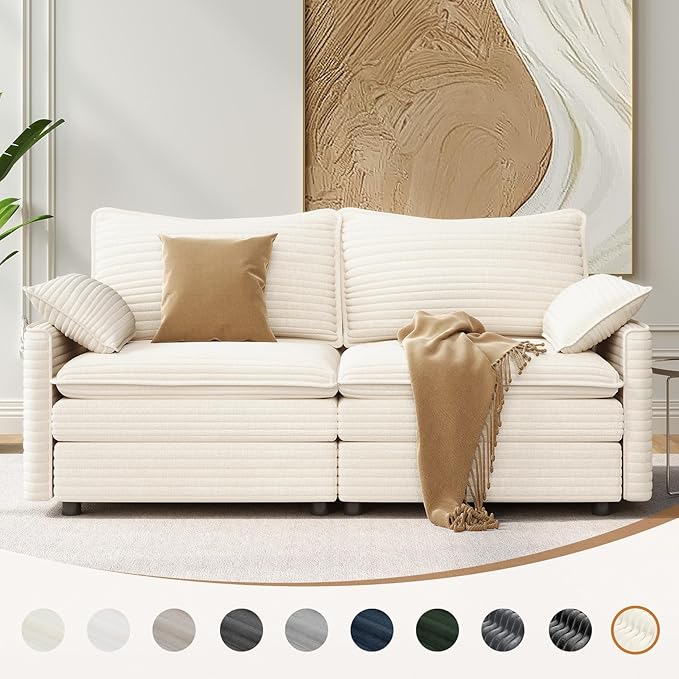 Vesgantti 74" Loveseat Sofa for Living Room, Comfy Cloud Couch Deep Seat Corduroy Modern 2 Seater Small Sofa with Armrest Pillow, Easy Assembly for Small Spaces, Beige | Sink-in Comfort, Height Adjustable, Easy Rearrangement, Extra-deep Ottoman, Solid ...