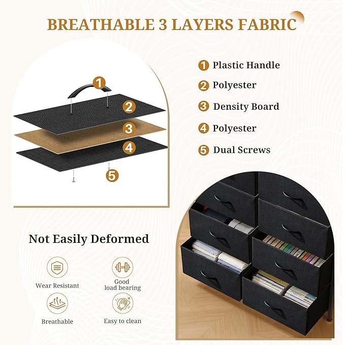 10-Drawer Fabric Dresser, Chest of Drawers Clothes Cabinet for Closet & Bedroom, Storage Organizer with Steel Frame for Entryway, Dorm, Living Room, Black